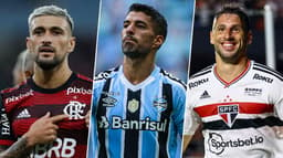 Arrascaeta (Flamengo), Suárez (Grêmio) e Calleri (São Paulo)
