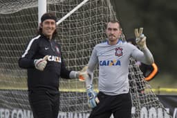 Cássio e Walter, durante o primeiro treino do Corinthians em Orlando (Foto: Daniel Augusto Jr)