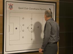 Tite, preparando sua lousa, ainda no esquema 4-1-4-1