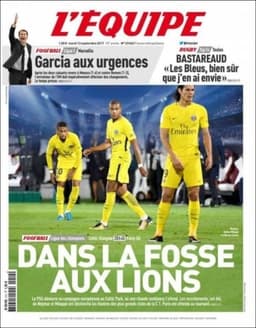 O jornal francês "L'Equipe" destaca a goleada do PSG por 5 a 0 sobre o Celtic. "Na cova do Leão" é a manchete do jornal, que estampa o trio MCN (Mbappé, Cavani e Neymar) em sua capa.