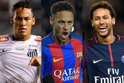 Neymar pelo Santos, Barcelona e PSG. Também tem resumo das fases na Seleção. Veja uma linha do tempo abaixo