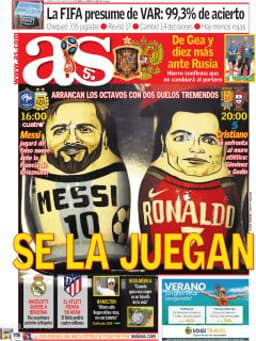 No jornal "As", Lionel Messi e Cristiano Ronaldo são os grandes destaques. Os craques de são as esperanças de suas seleções para avançarem na Copa do Mundo.