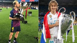 Montagem com Modric e Rakitic comemorando títulos