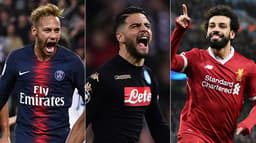 Montagem Neymar (PSG), Insigne (Napoli) e Salah (Liverpool)