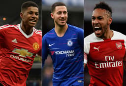 Montagem - Rashford (Manchester United), Hazard (Chelsea) e Aubameyang (Arsenal)