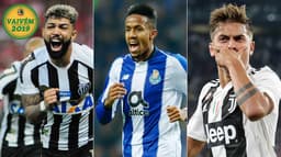 Montagem com Gabigol (Santos), Militão (Porto) e Dybala (Juventus), com a logo do Vaivém.