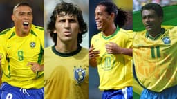 Montagem Ronaldo Fenômeno, Zico, Ronaldinho Gaúcho e Romário (todos com a camisa da Seleção Brasileira)