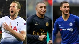 Montagem com Kane (Tottenham), Mbappé (PSG) e Hazard (Chelsea)