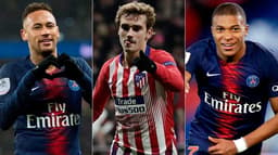 Montagem - Neymar, Griezmann e Mbappe