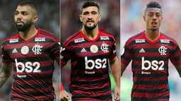 Montagem - Gabigol, Arrascaeta e Bruno Henrique