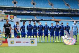 Jogadores do Grêmio entram cem campo usando máscaras de proteção