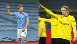 Montagem - De Bruyne (Manchester City) e Haaland (Borussia Dortmund)