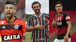 Léo Moura, o atacante do Fluminense Fred e o atacante do Flamengo Pedro