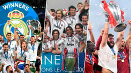 levantando a taça da Champions: Real Madrid (2017/18), Milan (2006/07) e Liverpool (2018/19)