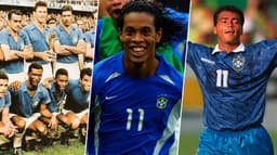 rasil com uniforme azul na Copa de 1958, Ronaldinho com uniforme azul em 2002 e Brasil com o uniforme azul na Copa de 1994.