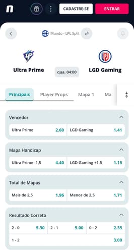 Captura de tela do app de apostas Novibet com apostas em League of Legends.