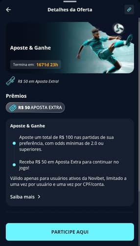 Captura de tela da oferta Aposte e Ganhe na Novibet, a melhor plataforma de 10 reais da atualidade.