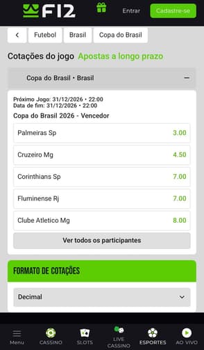 Captura da tela de apostas na Copa do Brasil na F12.Bet.