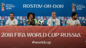 Cléber Xavier, Marcelo e Tite na coletiva da Seleção em Rostov