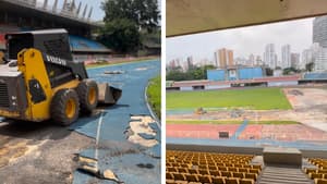Destruição da pista de atletismo do Ibirapuera
