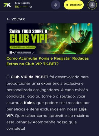 Captura de tela do anúncio do clube VIP da Bet7K.