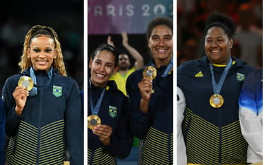 Rebeca Andrade, Duda e Ana Patrícia e Beatriz Souza com as medalhas de ouro em Paris 2024