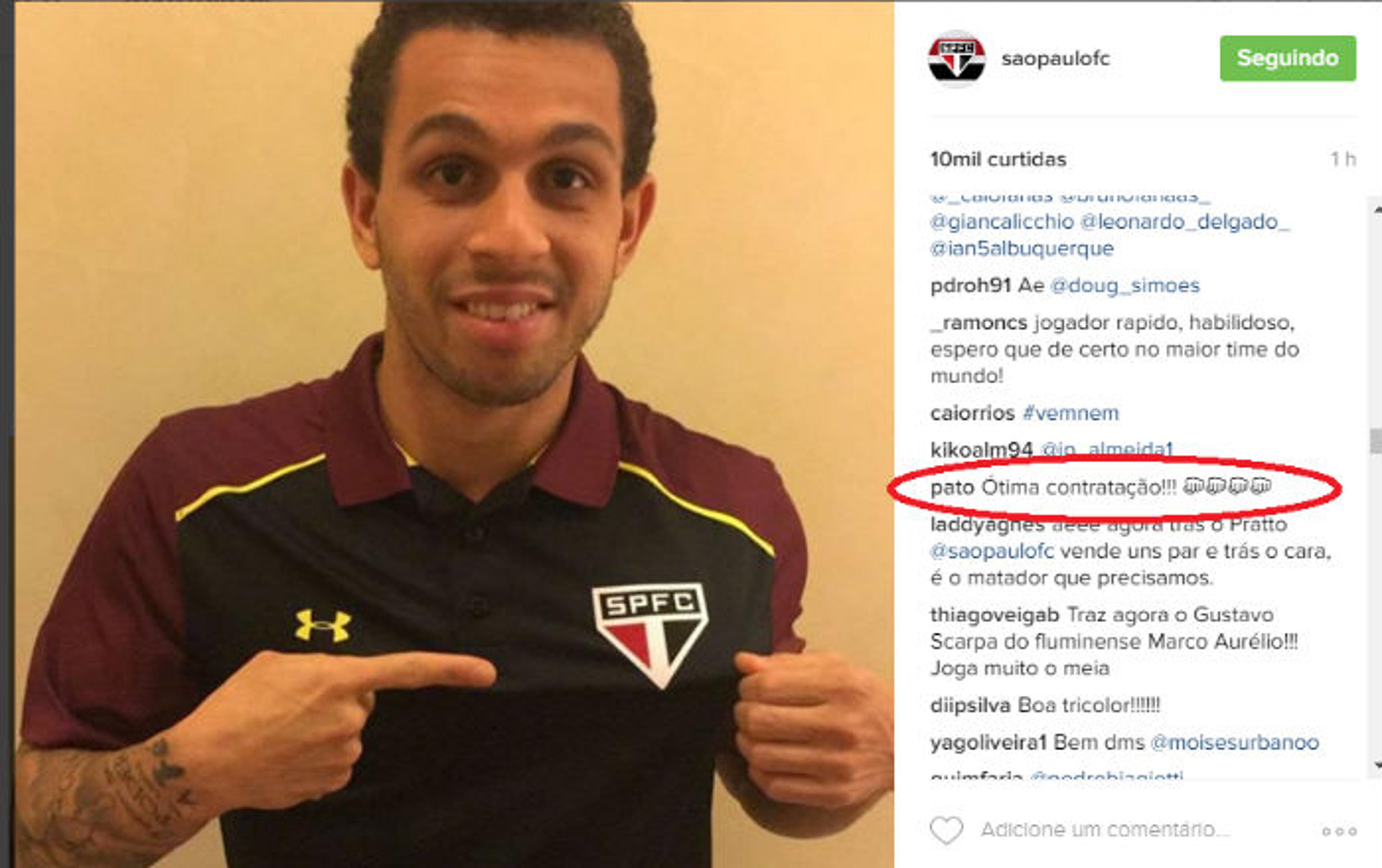 Ganso deixa ‘like’ e Pato elogia contratação de Wellington Nem