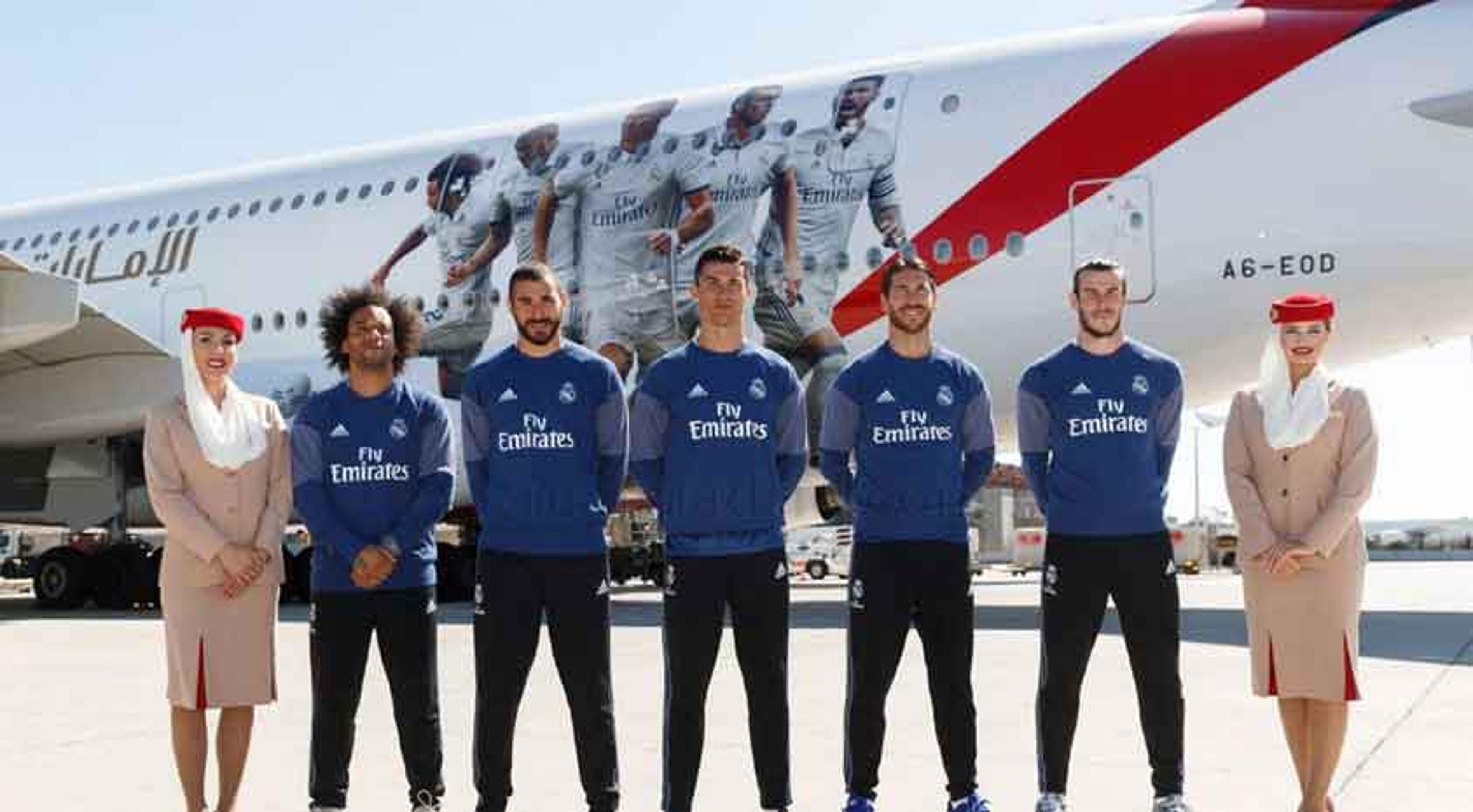 Real apresenta novo avião com Marcelo, Sergio Ramos e trio BBC