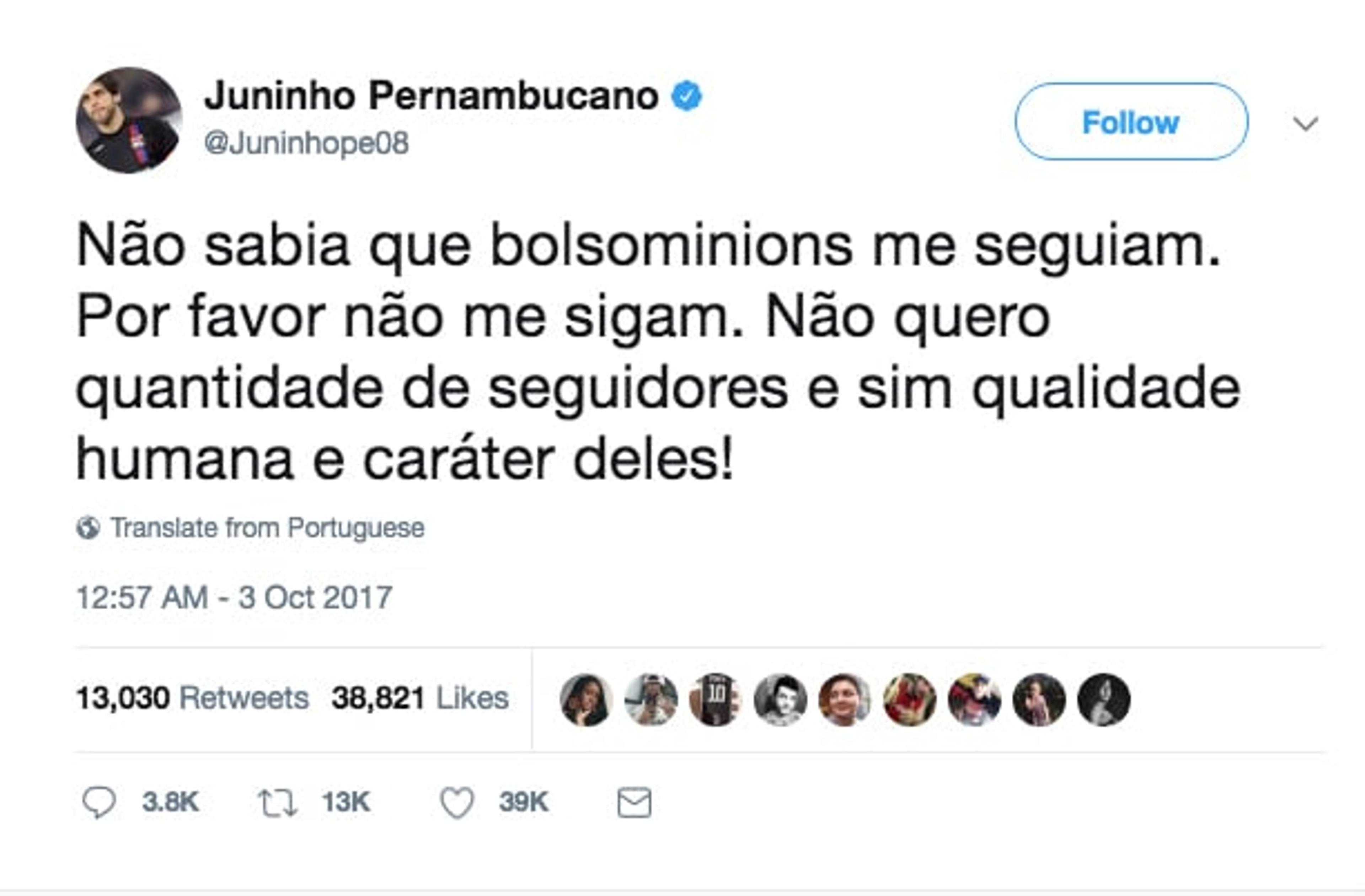 Juninho Pernambucano se envolve em polêmica com seguidores de Bolsonaro nas redes sociais