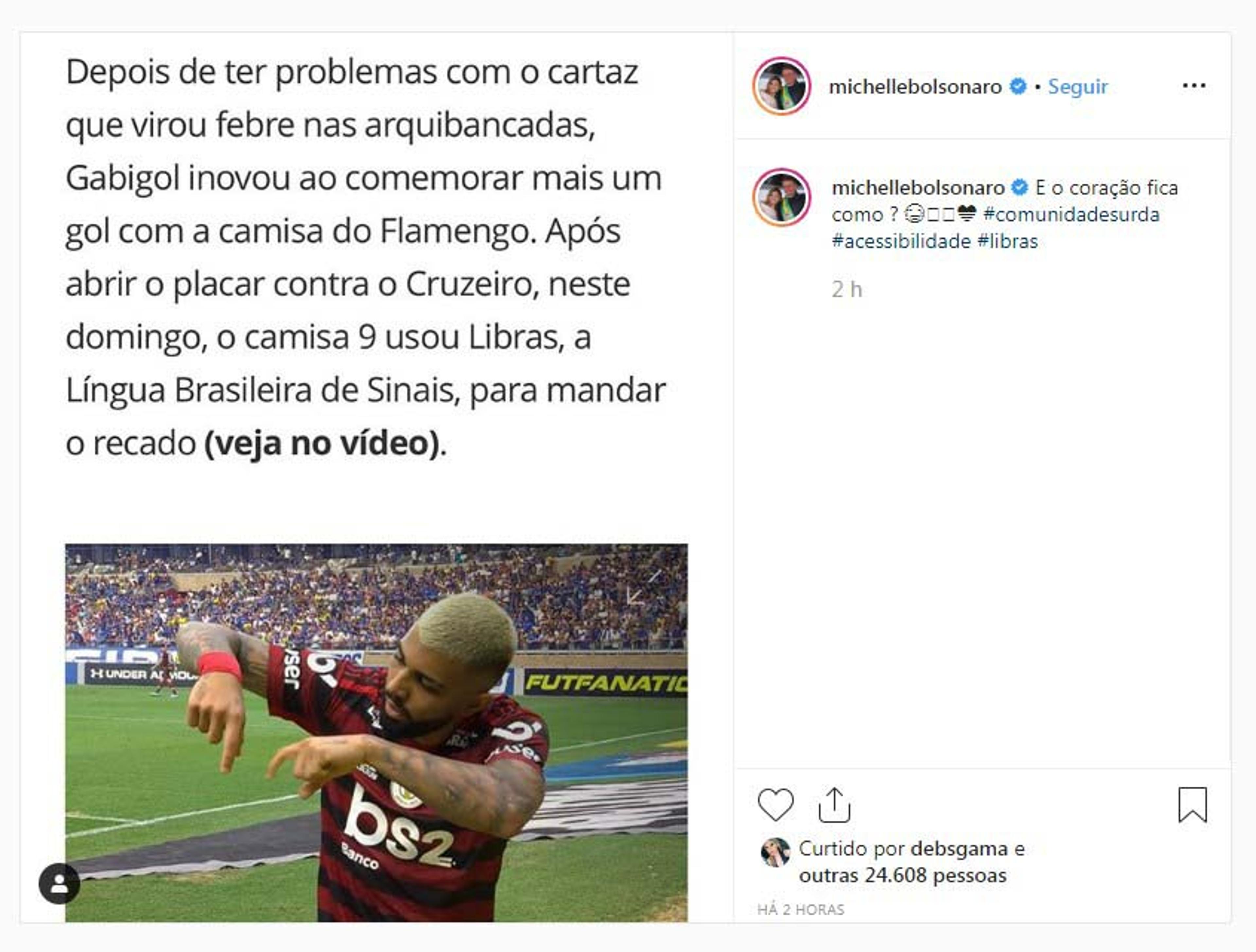 Michelle Bolsonaro elogia Gabigol por comemoração: ‘E o coração fica como?’