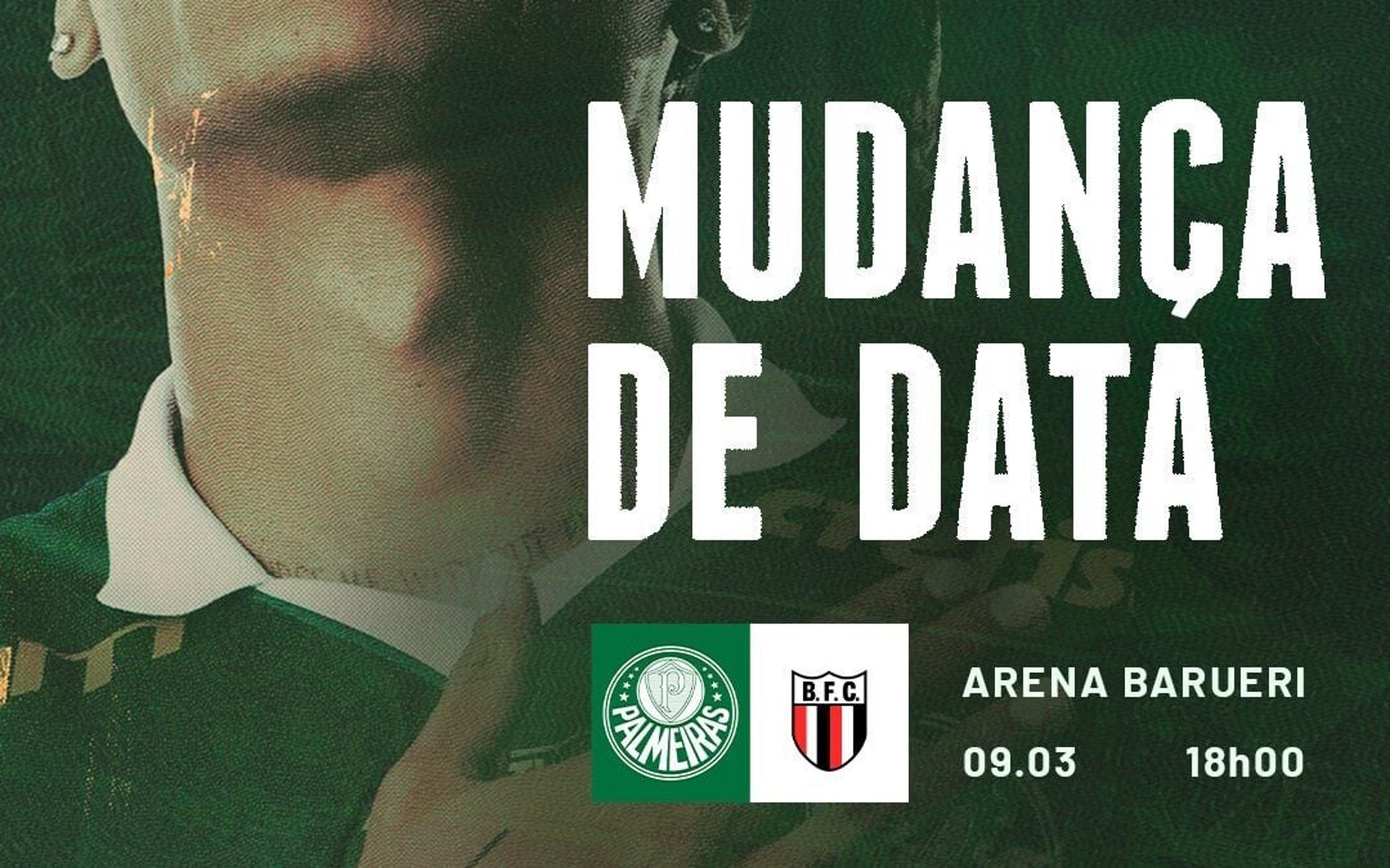 Federação Paulista adianta jogo do Palmeiras contra o Botafogo para sábado