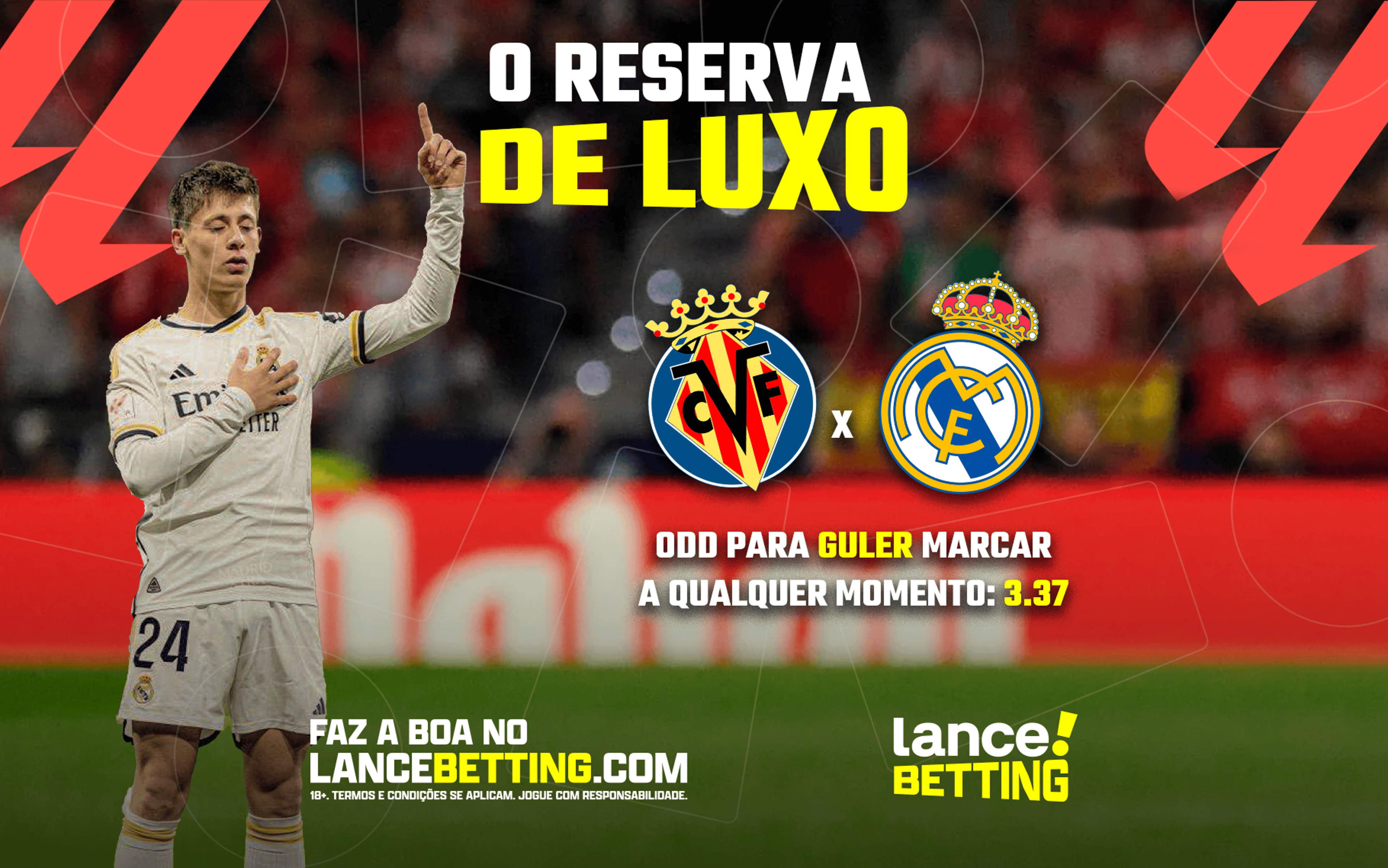 Joia merengue! Aposte R$100 e ganhe mais de R$309 se Arda Güler marcar em Villarreal x Real Madrid!