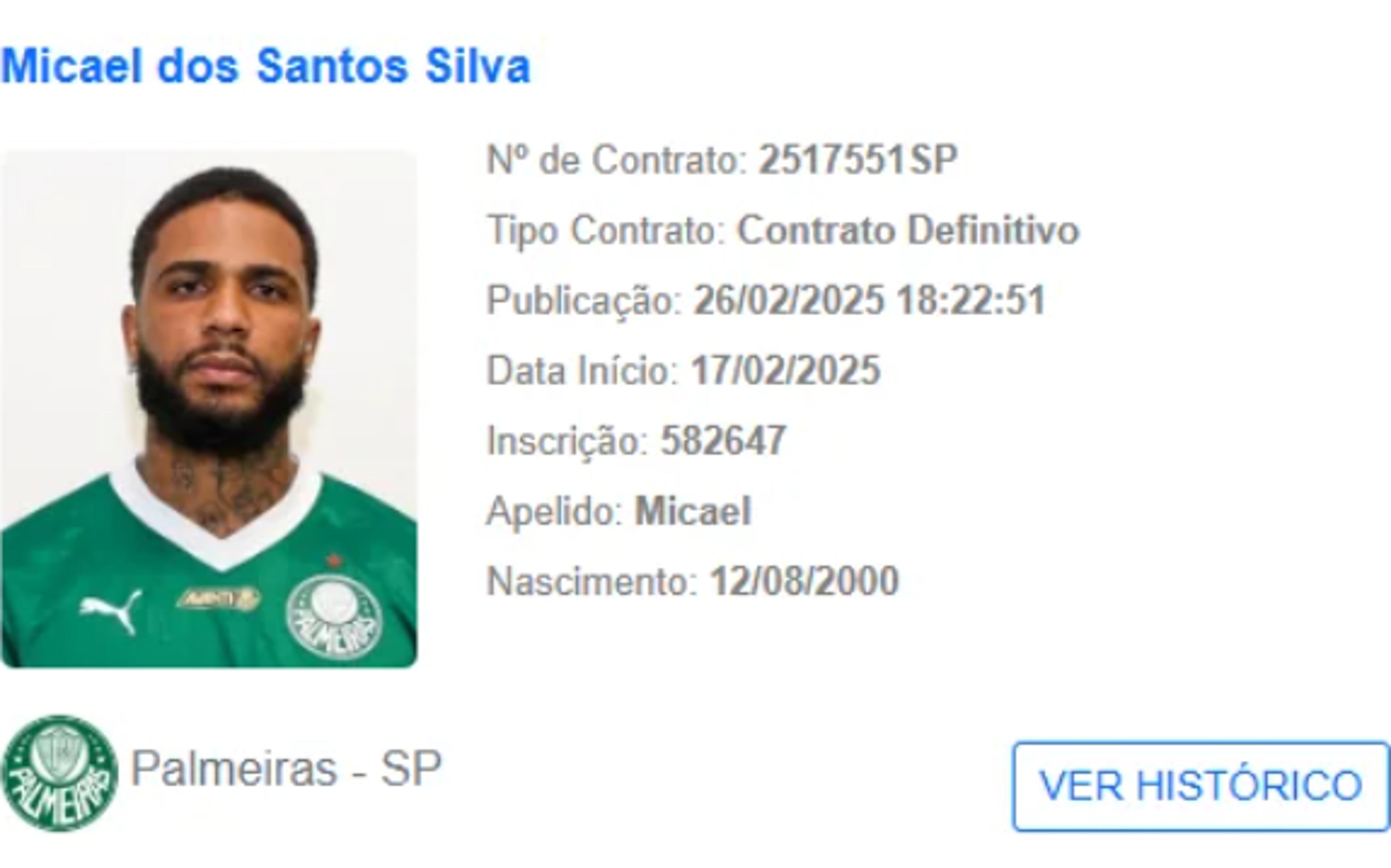 Palmeiras registra Micael e abre caminho para inscrever zagueiro no Paulistão