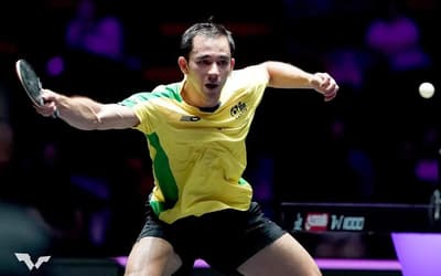 Hugo Calderano na vitória na estreia do WTT de Macau (Divulgação/WTT)