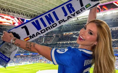 Virginia leva faixa com rosto de Vini Jr para jogo do Real Madrid: 'Pediu'