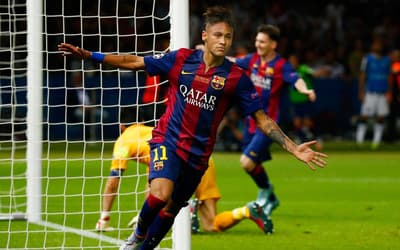 Neymar comemorando seu gol pelo Barcelona na final da Liga dos Campeões de 2014-15