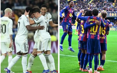 Jogadores do Real Madrid e Barcelona comemorando gol
