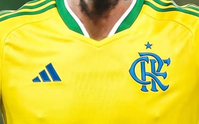 Camisa do Flamengo amarela com detalhes azul e verde.