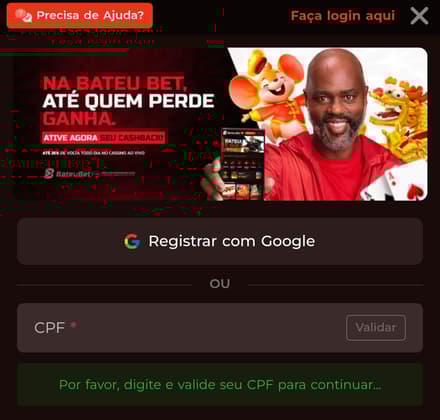 Captura de tela do formulário de cadastro na BateuBet Brasil