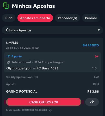 Captura da tela de cash-out ao vivo.