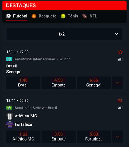 Captura da tela de apostas em futebol na MC Games.