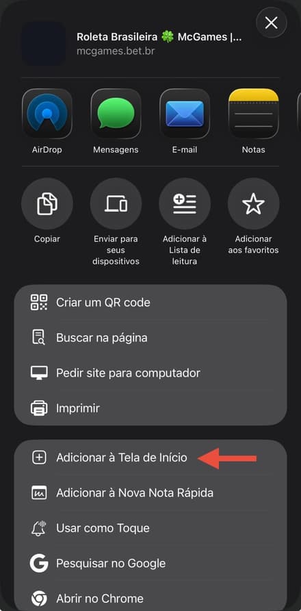 Captura da tela de atalho para o site da MC Games para dispositivos móveis.