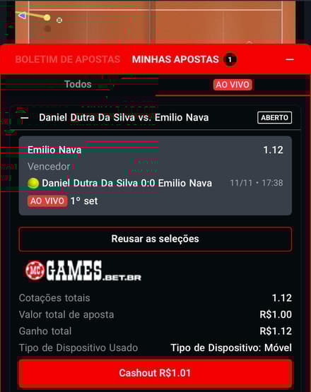 Captura da tela de cash out ao vivo na MC Games.