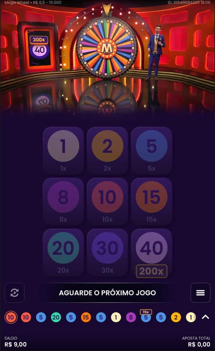 Captura da tela de cassino ao vivo da MC Games, com o jogo Mega Wheel.
