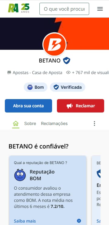 Página oficial da Betano no Reclame Aqui com reputação boa e nota 7.2/10