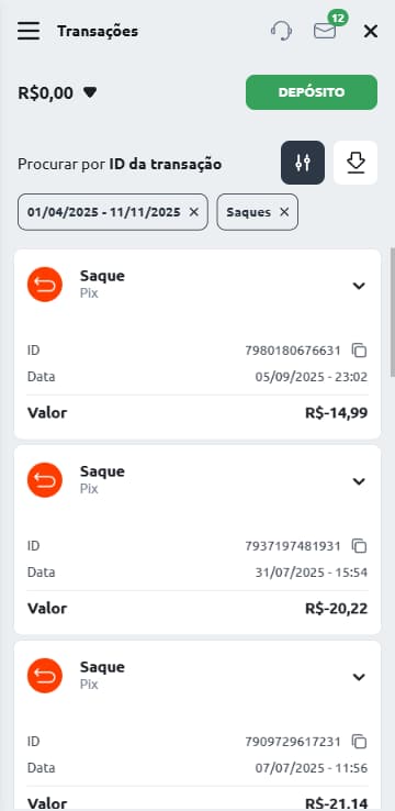 Histórico de saques na Betano com múltiplas transações