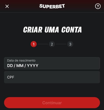Captura de tela do formulário de cadastro Superbet