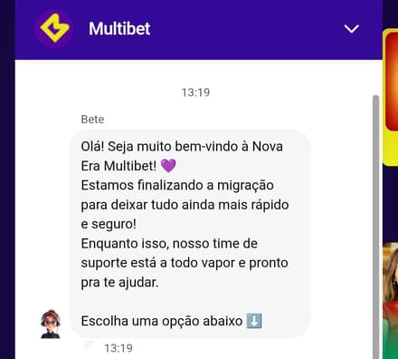 Captura de tela do suporte ao cliente da Multibet