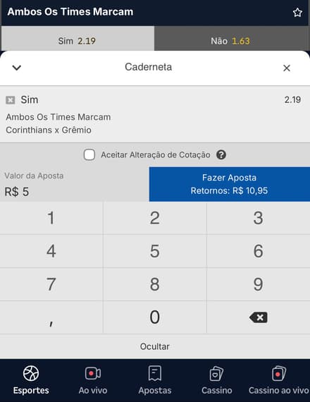 Captura de tela mostra a caderneta de aposta na Betnacional.