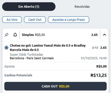 Captura de tela com função de Cash Out da Betano para iniciantes via "Minhas Apostas"